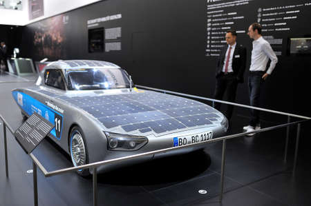 FRANKFURT, GERMANY - SEPT 2019: SolarCar Thyssenkrupp BLUE.CRUISER from Bochum University of Applied Science, IAA International Motor Show Auto Exhibtion.のeditorial素材