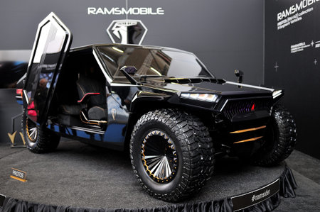 FRANKFURT, GERMANY - SEPT 2019: black RAMSMOBILE RM-X2 based on HUMVEE HUMMER H1, IAA International...