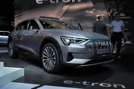 FRANKFURT, GERMANY - SEPT 2019: silver AUDI E-TRON 55 QUATTRO SUV electric car, IAA International...