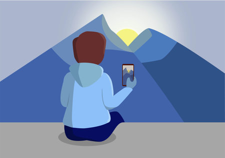 a man sits and takes photos of the sunsetのイラスト素材