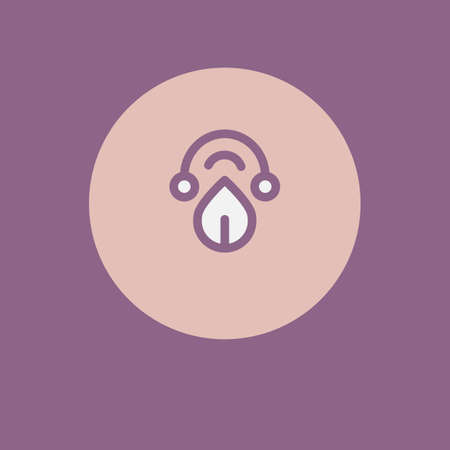 Stylized alarm clock from flower bud linear logotype in circle on the purple background. Eco natural icon. Element for floral shops,cosmetics packaging, beauty and spa studios.のイラスト素材