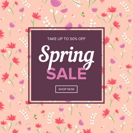 Spring sale vector poster design with beautiful blossom flowers and frame. Tulips and chrysanthemums on the pink background.のイラスト素材