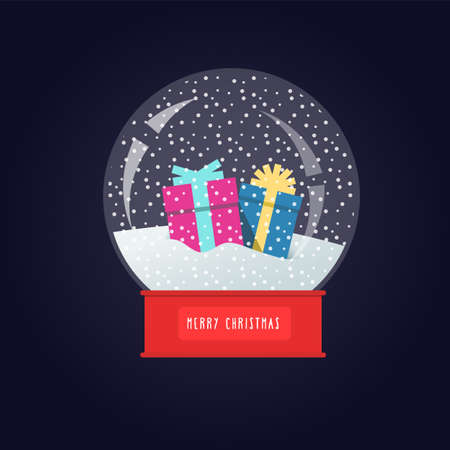 Snow globe with packaging gifts on a stand. Happy holidays greeting card. Vector illustrationのイラスト素材