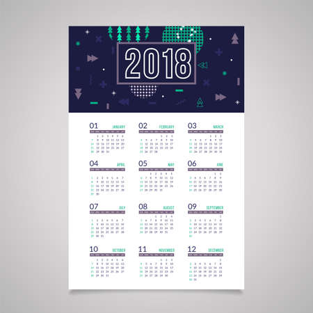 Abstract 2018 new year wall calendar design in trendy memphis styleのイラスト素材