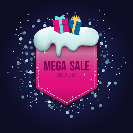 Mega sale label design template with gifts on the snow. Special offer new year illustrationのイラスト素材