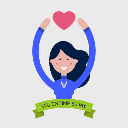 Enjoy girl holds a heart. Valentines day illustrationのイラスト素材