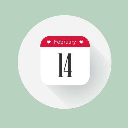 Calendar date February 14th. Flat vector calendar icon with long shadow for Valentines day. Design element for infographic.のイラスト素材