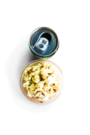 cup of popcorn and coffee can on white backgroundの写真素材