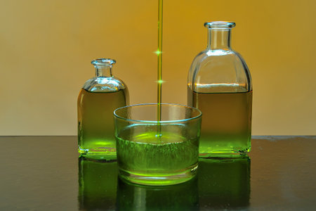 Bottles of virgin olive oil, with colored background.の写真素材