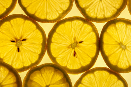 close-up of fresh lemon slices on yellow background