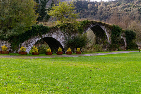 Ollenigor medieval bridge, next to the Nalon river.の写真素材