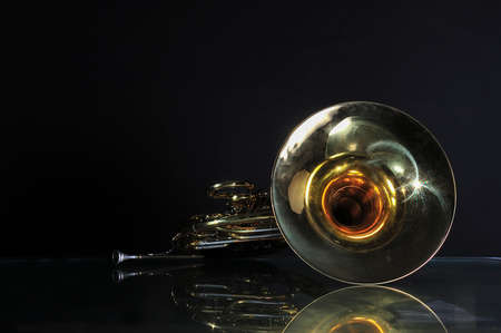 Golden french horn with soft light isolated on black backgroundの写真素材