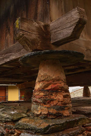 Detail of the post and sills of a horreo.の写真素材