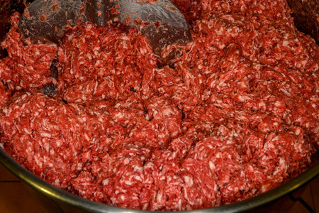 Different types of ingredients and sausages made by hand.