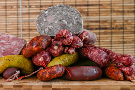 Different types of ingredients and sausages made by hand.