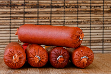 Different types of ingredients and sausages made by hand.の写真素材