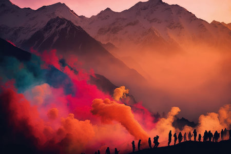 People in Nepal celebrating the holi festival. Created with generative AI technologyの素材