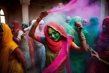 Holi color festival, Splashing of color or dried organic color on a beautiful young woman. Created with generative AI technologyの素材