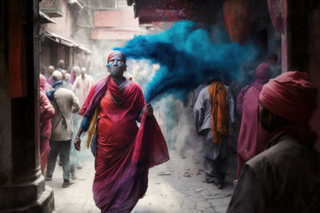 People in Nepal celebrating the holi festival. Created with generative AI technologyの素材