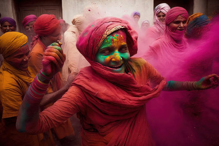 Holi color festival, Splashing of color or dried organic color on a beautiful young woman. Created with generative AI technologyの素材