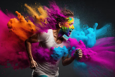Holi color festival, Splashing of color or dried organic color on a beautiful young woman. Created with generative AI technologyの素材