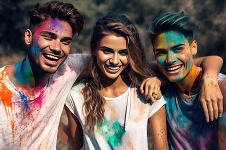 Happy multiracial friends making piggys together at Holo festival. Created with generative AI technologyの素材