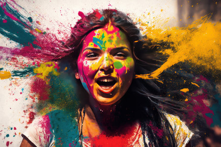 Holi color festival, Splashing of color or dried organic color on a beautiful young woman. Created with generative AI technologyの素材