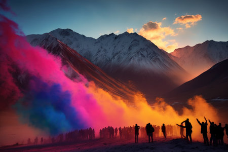 People in Nepal celebrating the holi festival. Created with generative AI technologyの素材