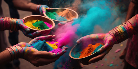 Holi festival with the bright paint on the hands. Created with generative AI technologyの素材