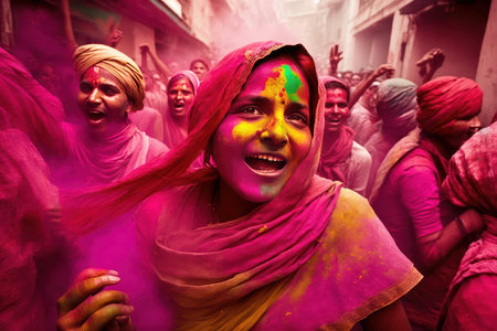 People in Nepal celebrating the holi festival. Created with generative AI technologyの素材