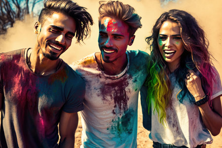 Happy multiracial friends making piggys together at Holo festival. Created with generative AI technologyの素材