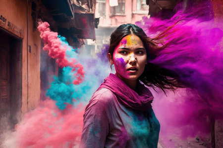 Holi color festival, Splashing of color or dried organic color on a beautiful young woman. Created with generative AI technologyの素材
