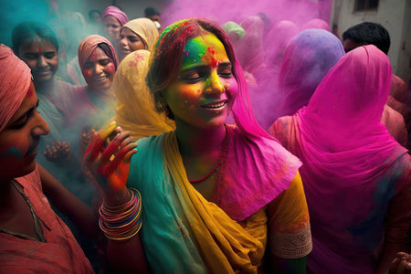 Holi color festival, Splashing of color or dried organic color on a beautiful young woman. Created with generative AI technologyの素材