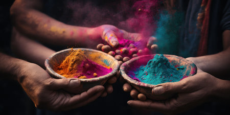 Holi festival with the bright paint on the hands. Created with generative AI technologyの素材