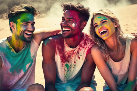 Happy multiracial friends making piggys together at Holo festival. Created with generative AI technologyの素材