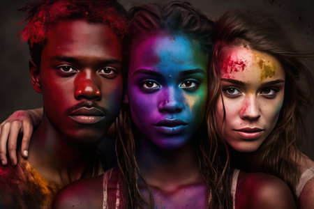 Happy multiracial friends making piggys together at Holo festival. Created with generative AI technologyの素材