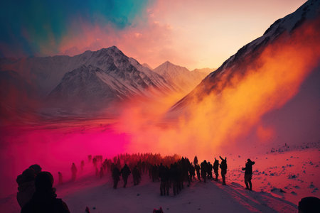 People in Nepal celebrating the holi festival. Created with generative AI technologyの素材