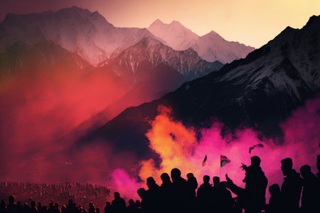 People in Nepal celebrating the holi festival. Created with generative AI technologyの素材