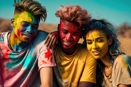 Happy multiracial friends making piggys together at Holo festival. Created with generative AI technologyの素材