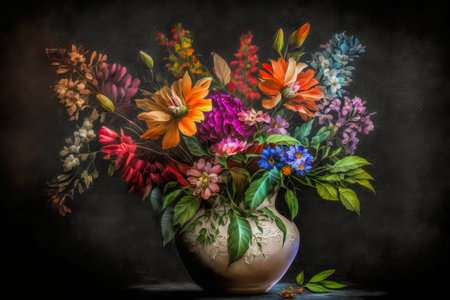 Vase of colorful and varied flowers. Creative AIの素材