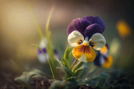 Purple and yellow pansy flower macro. Creative AIの素材
