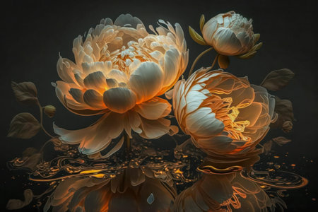Backlit white peony with black background. creative AIの素材