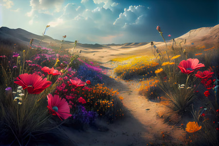 Spring landscape of a flower meadow. creative AIの素材