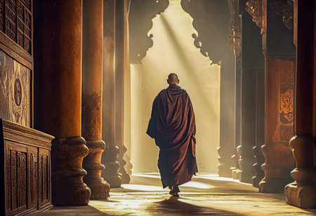 Monk walking through a village in Tibet. the generativeの素材