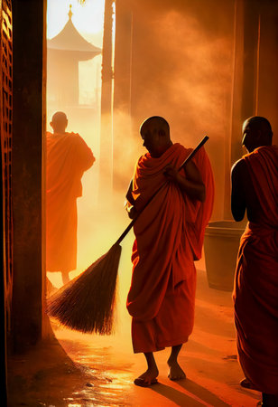 Tibetan monks cleaning the entrance of the temple. the generative.の素材