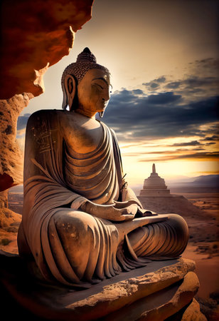 Seated Buddha looking at the sun at dawn. the generativeの素材