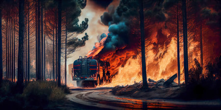 Fire truck burning in a forest fire. the generativeの素材