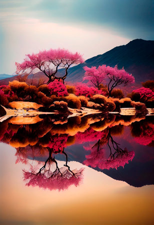 Beautiful landscape with cherry blossom tree and mountain reflection in lakeの素材