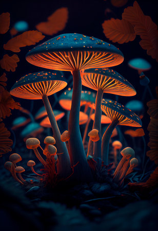Mushrooms in the forest. 3D rendering. Computer digital drawing.の素材