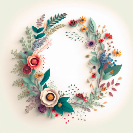 Floral round frame with flowers, leaves and berries. Vector illustration.の素材